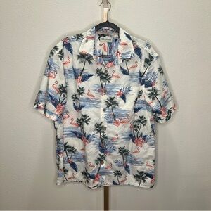Caribbean Button Down  Camp Shirt Flamingos Palms Large